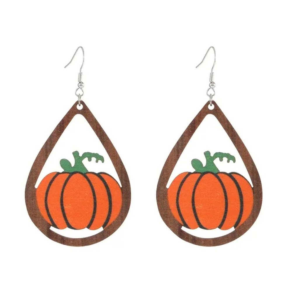 Wood Earrings Pumpkin Dangle Style Cute Fall Harvest Thanksgiving Autum Trendy